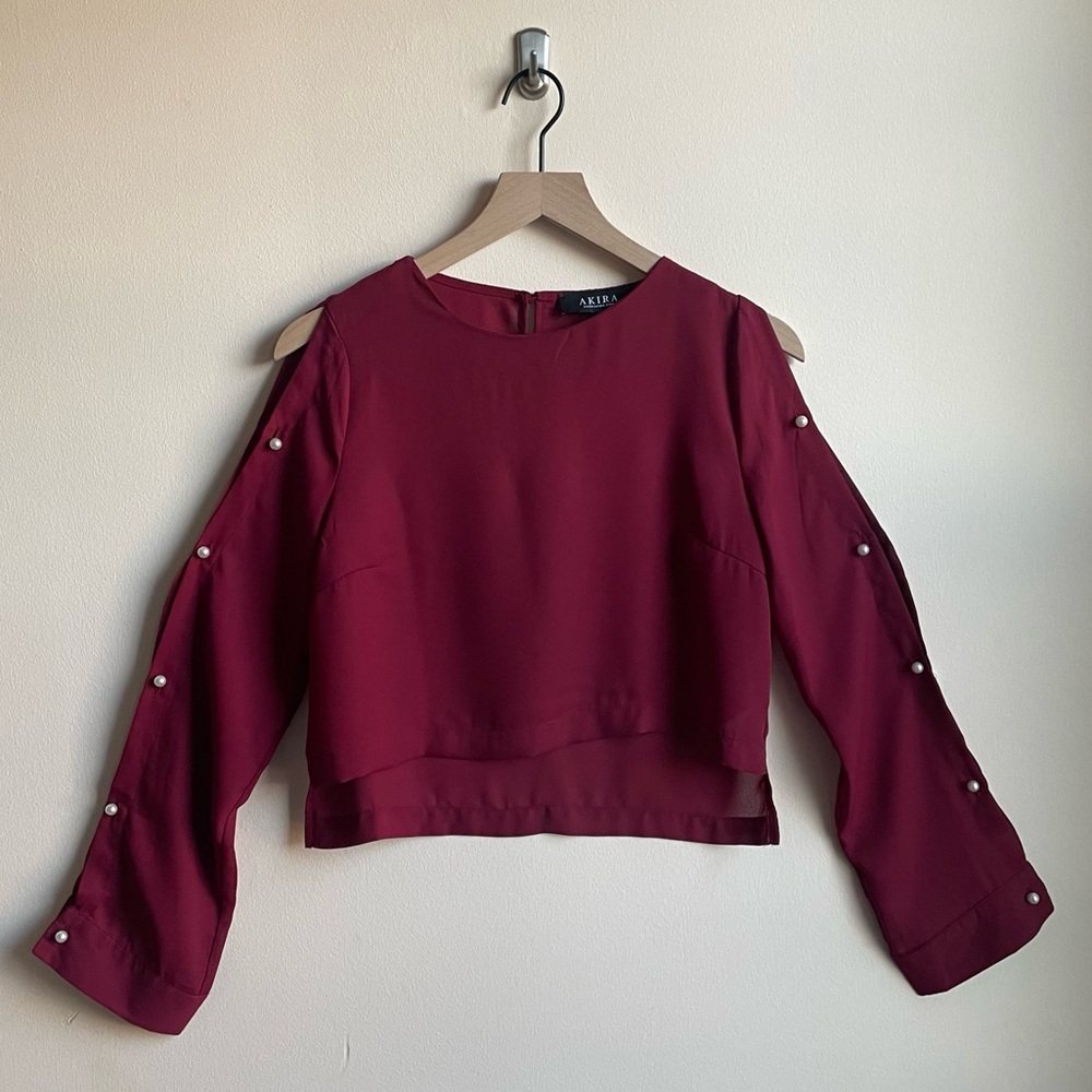 Akira Burgundy Blouse with Pearl Accents